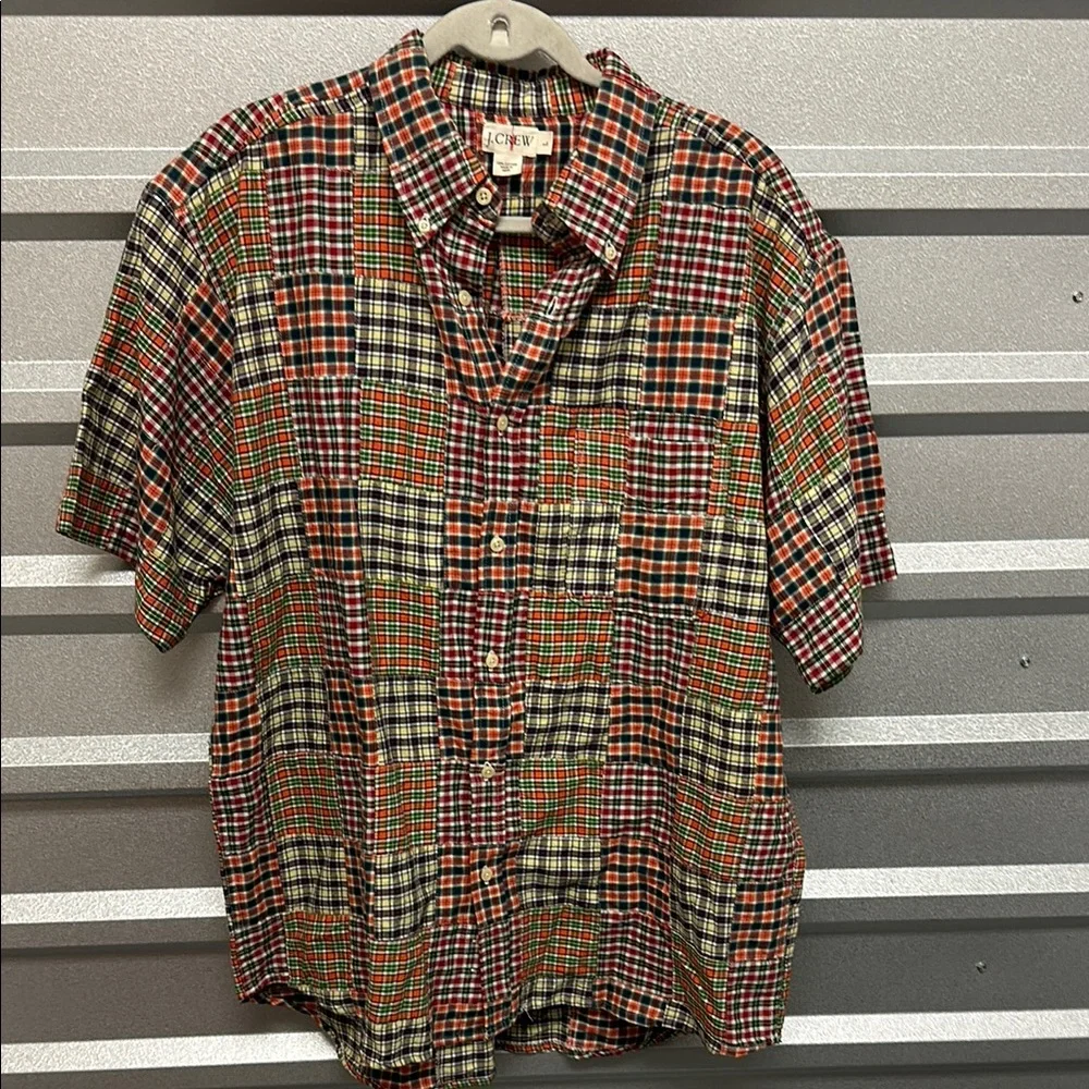 J Crew Shirt Mens Large Plaid Patchwork Short Sleeve‎ Button Up Preppy 90s Y2K